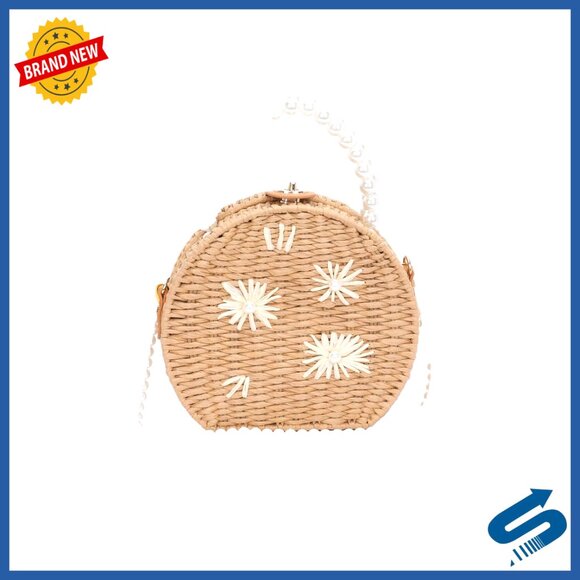 Handmade Faux Straw Clutch with Pearl Handle Floral Embroidery